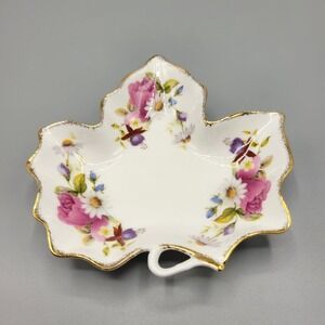 Vintage Flambro Fine Bone China Leaf Dish "Summer Rose" Floral Design Gold Trim